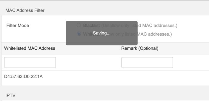 Wireless Router Saving Settings Whitelisting