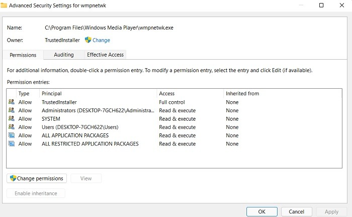 Wmpnetwk Exe Properties Advanced Security