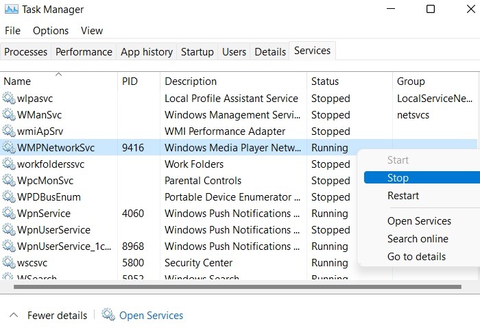 Wmpnetwk Exe Task Manager Stop Service