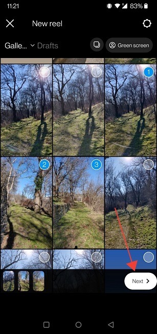 Add Photos Reels Mobile Next Button
