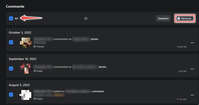 Delete Facebook Comments Bulk Option