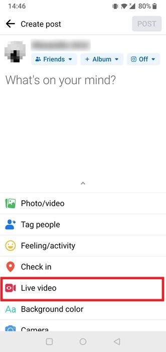 Selecting "Live video" option in Facebook app.