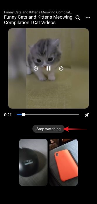 Tapping on "Stop watching" button at the bottom to end watch party in Facebook video call.