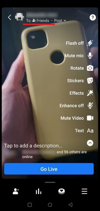 Tapping on "To:" underneath Facebook name before going live on Facebook.