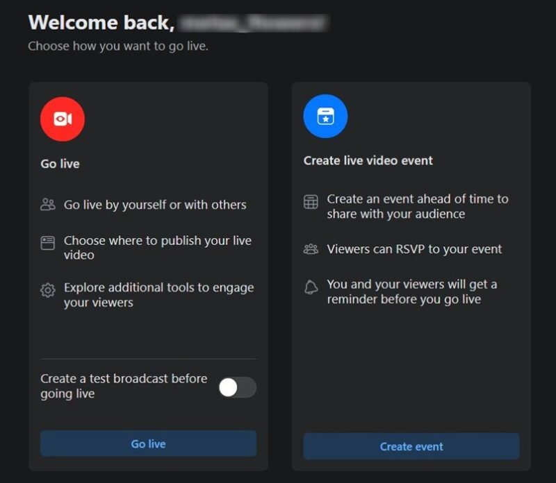 Facebook Live options on desktop view.