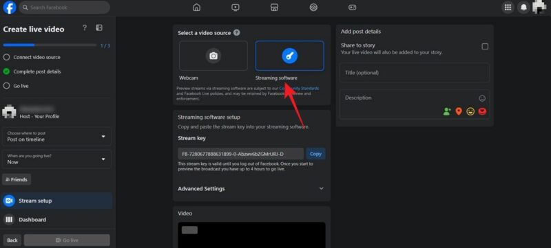 Streaming software panel view on Facebook Live page.