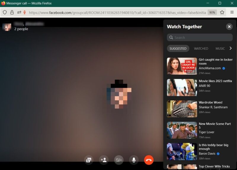 Selecting a video to watch with others in Facebook call on PC.