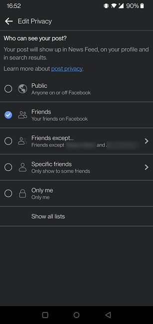 Facebook Restricted List Mobile Privacy Options