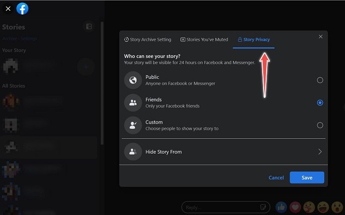 Facebook Stories Desktop Privacy Tab