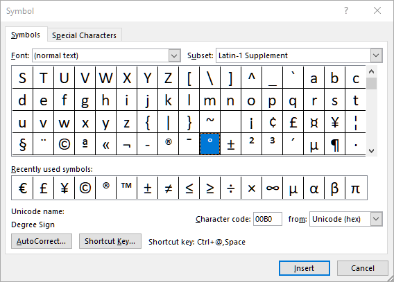 Insert Degree Symbol Microsoft Word Symbol Menu