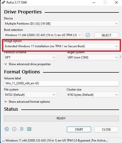 Rufus Image Option Extended Windows 11 Installation