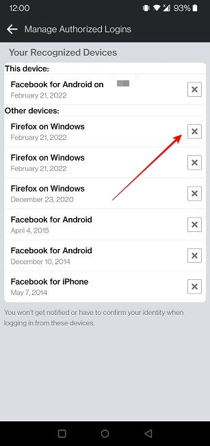 Secure Facebook Mobile Remove Authorized Login
