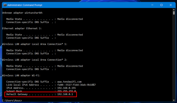 Administrator Command Prompt Default Gateway