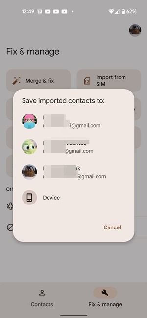 Android Google Contacts Import Save