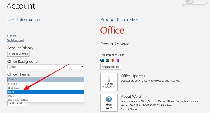 Dark Mode Windows Word Account Black Theme Select
