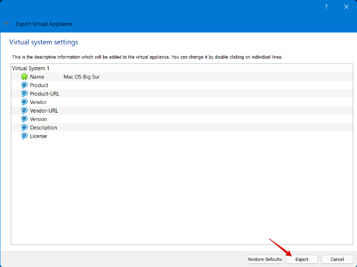 Export Virtual Appliance Virtual System Settings