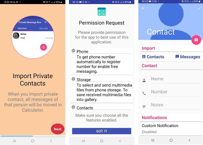 Hide Text Calls Calculator Pro Permission Request Contacts