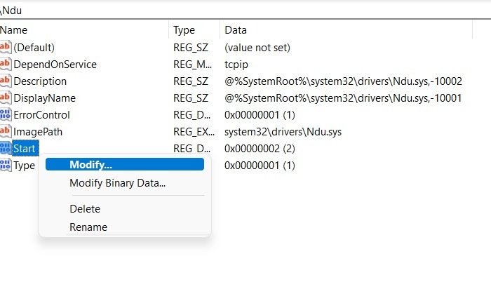 High Memory Fix Services Ndu Modify Start Entry
