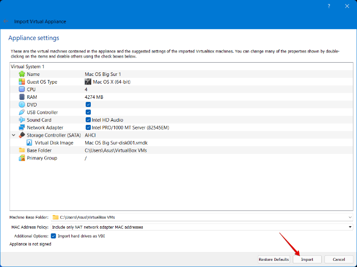 Import Virtual Appliance Settings
