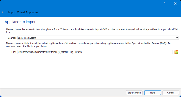 Import Virtual Appliance Select File