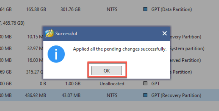 Minitool Changes Applied Dialouge Box