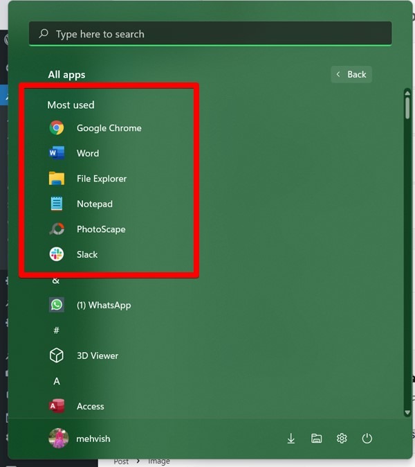 Start Menu Most Used Apps
