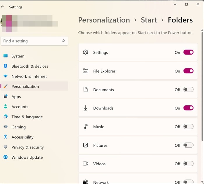 Windows 11 Settings Personalization Folders Enable Disable