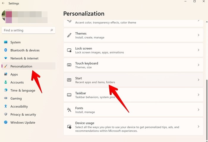 Windows 11 Settings Personalization Start