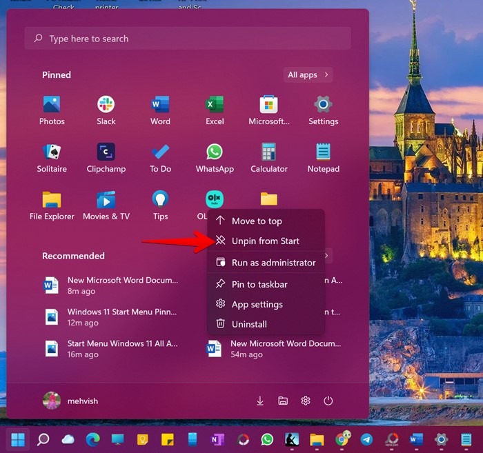 Windows 11 Start Menu Unpin App