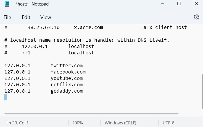 Windows Hosts File Admin Mode Entries Added