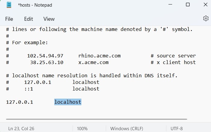 Windows Hosts File Copy Pasted 1st Line