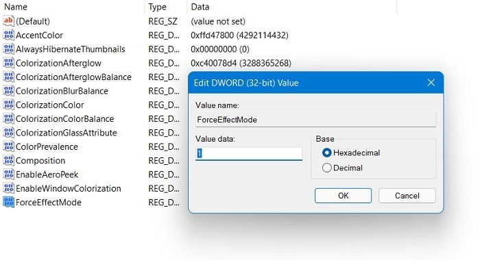 Windows Transparency Effects Registry Editor Dwm Forceeffectmode 1