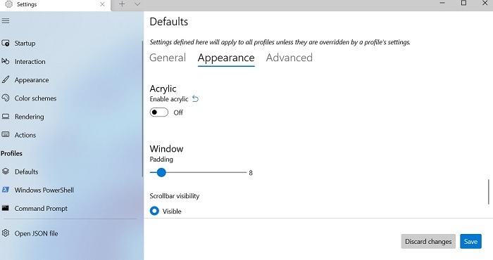 Windows Transparency Effects Terminal Defaults Appearance Acrylic Disabled