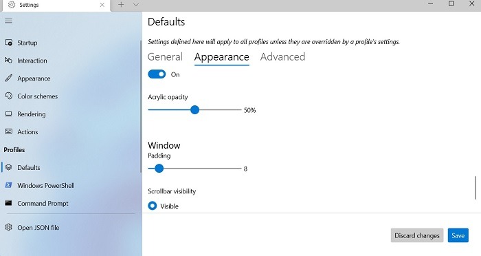 Windows Transparency Effects Terminal Defaults Appearance Acrylic Enabled