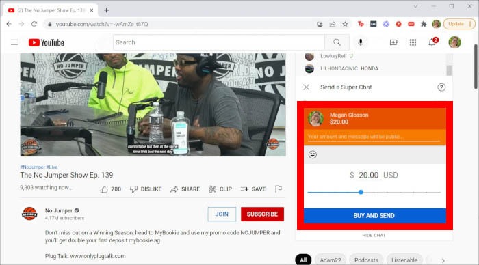 Youtube Live Super Chat Send