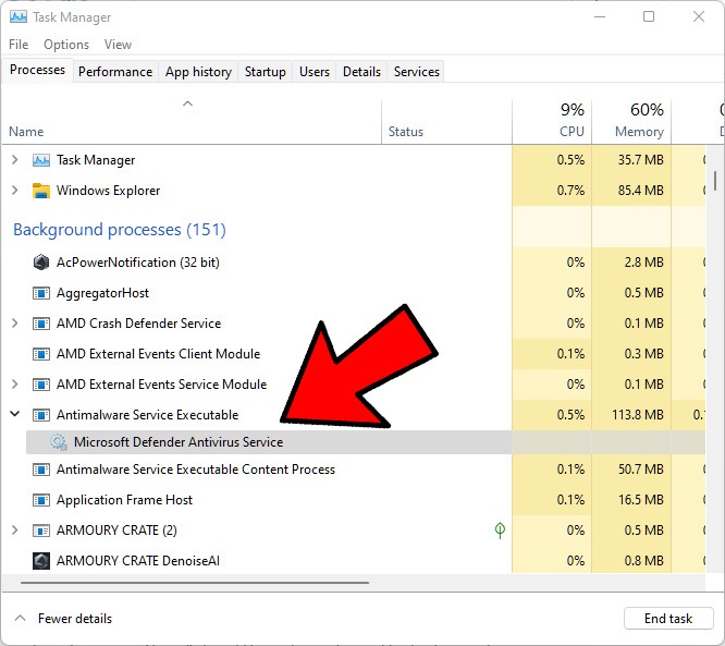Two antimalware service executable processes running at once in Task Manager.