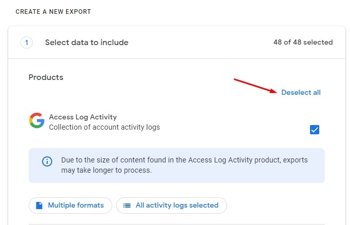 Google Takeout Deselect