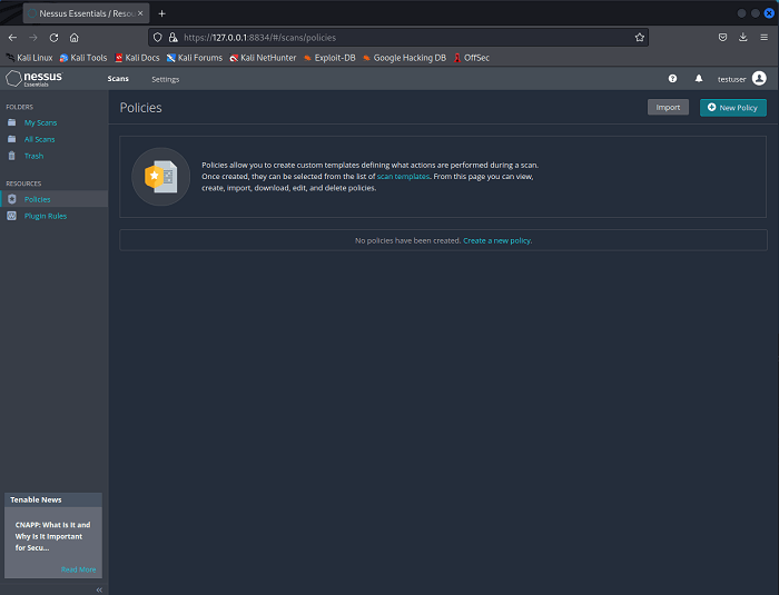 Nessus Policies Page