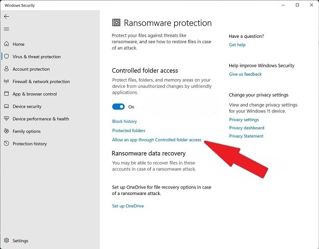 Ransomware Protection Allowed Apps