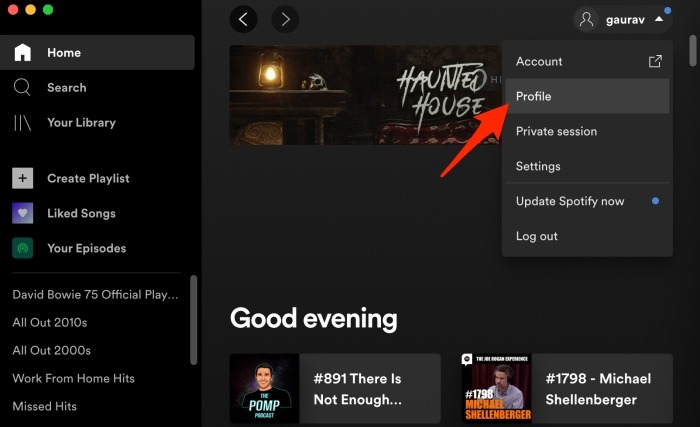 Spotify Desktop Profile Option