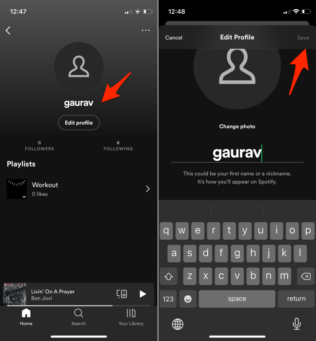 Spotify Mobile Change Name Menu