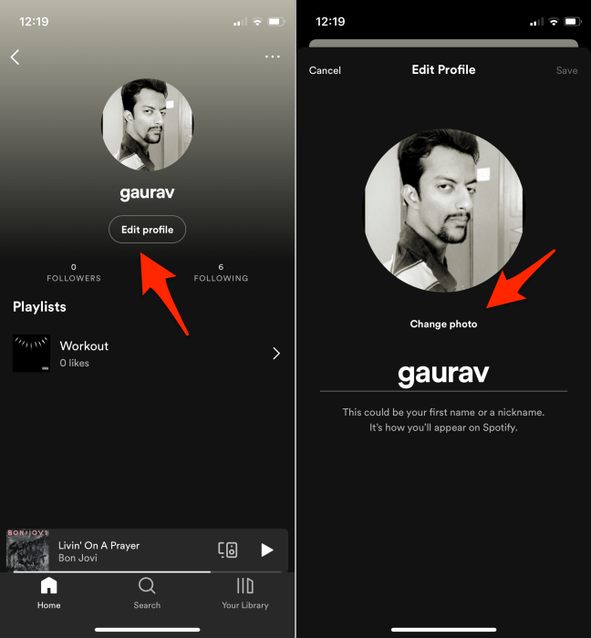 Spotify Mobile Edit Profile Menu