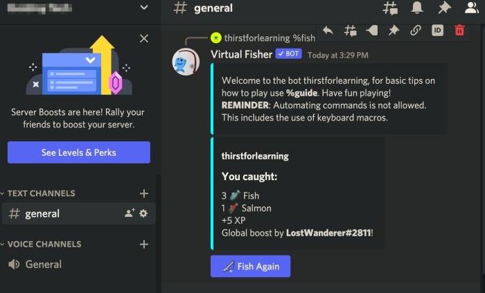 Virtual Fisher Discord Gaming Bot