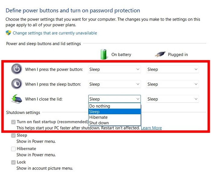 Windows Power Settings Options