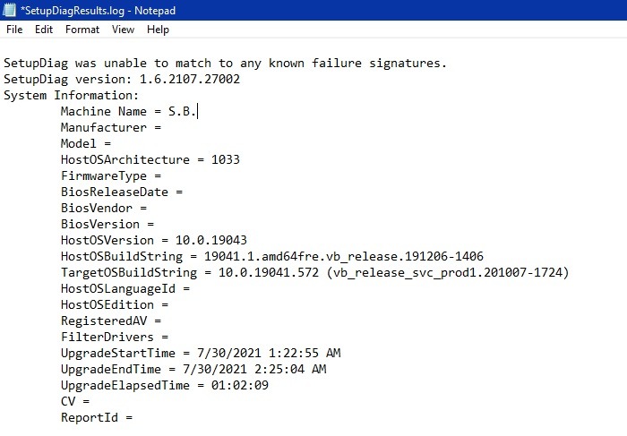 Setupdiag Log File Results Windows10