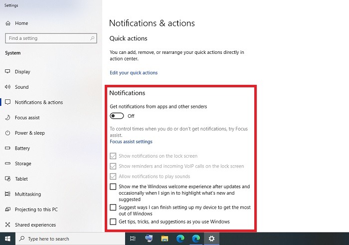 Windows Disable Notifications Windows10 Notifications Actions Off