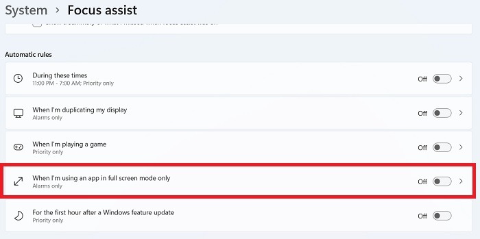 Windows Disable Notifications Windows11 Focus Assist Rules Setting Off