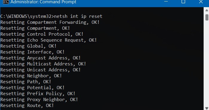 Windows Network Cable Netsh Int Ip Reset