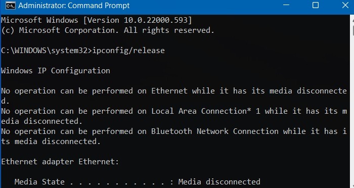 Windows Network Cable Unplugged Ipconfig Release