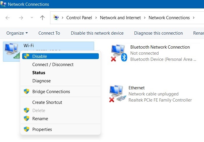 Windows Network Cable Unplugged Wi Fi Disable